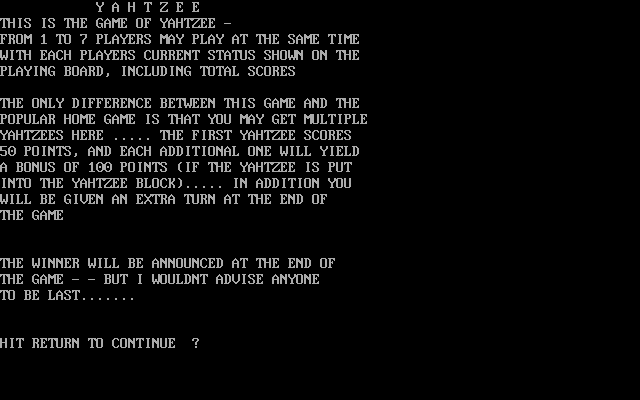 Title screen of Yahtzee