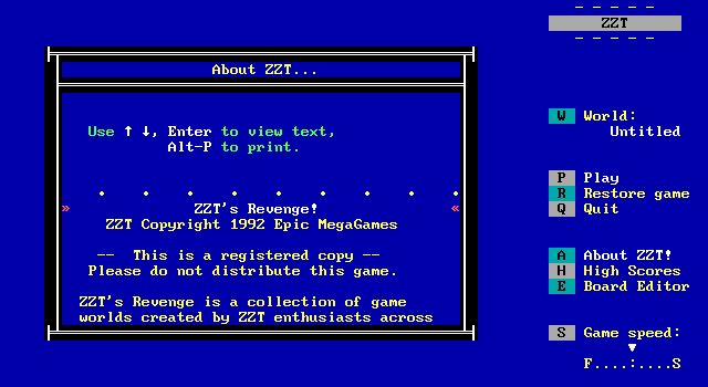 Title screen of ZZT's Revenge!