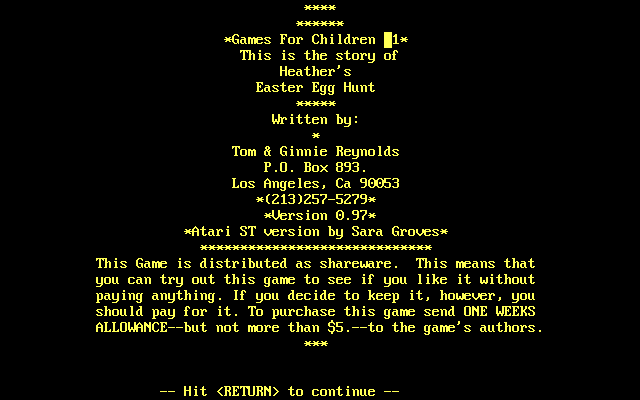 Title screen of Heather's Easter Egg Hunt