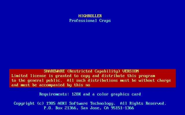 Title screen of Highroller (1985)