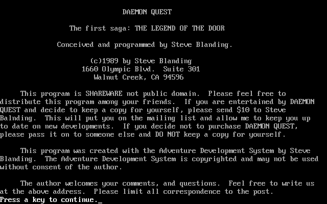 Title screen of Daemon Quest, The First Saga: The Legend of the Door