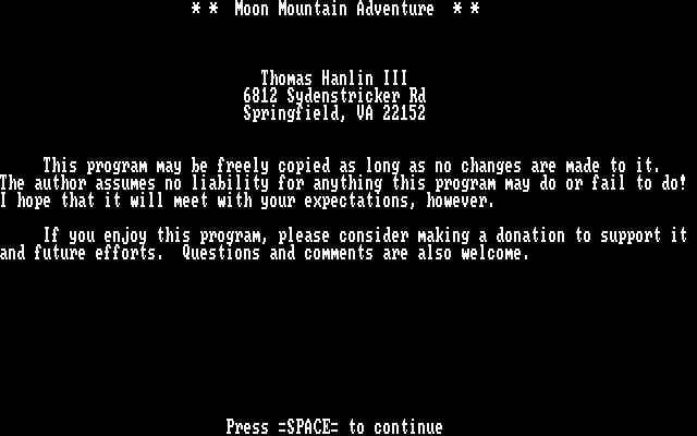 Title screen of Moon Mountain Adventure