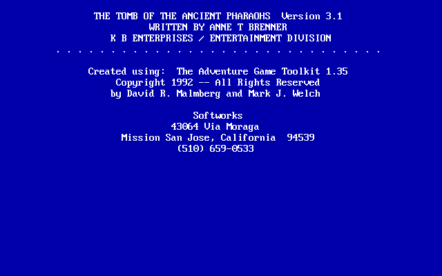 Title screen of The Tomb of the Ancient Pharaohs