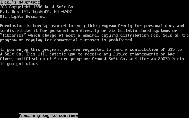 Title screen of Thief's Adventure