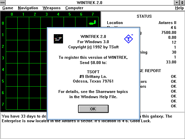 Title screen of WinTrek 2.0