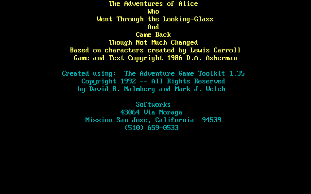 Title screen of The Adventures of Alice who Went Through the Looking-Glass and Came Back Though Not Much Changed