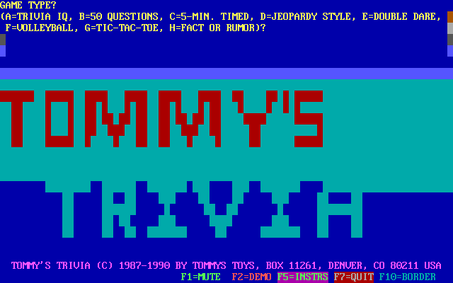 Title screen of Tommy's Trivia