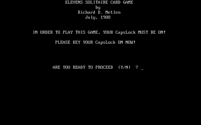 Title screen of Elevens Solitaire Card Game
