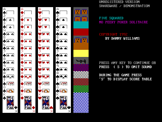 Title screen of Five Squared No Peeky Poker Solitaire