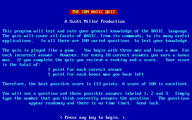 Title screen of The IBM BASIC Quiz
