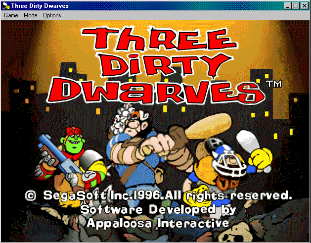 Title screen of Three Dirty Dwarves