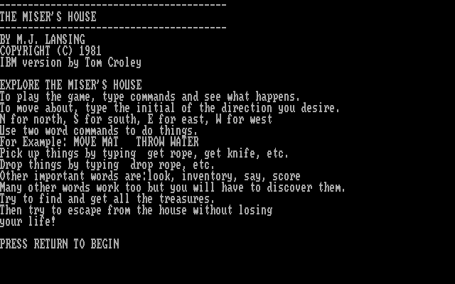 Title screen of The Miser's House